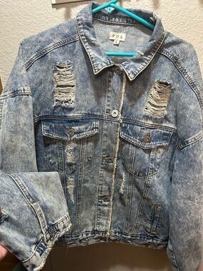 POL Distressed Acid Wash Blue Denim Jacket - Women